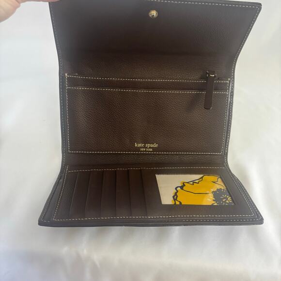 Kate Spade Brown Leather Checkbook Wallet ID Card Holder Coin Purse Folding - Picture 10 of 17